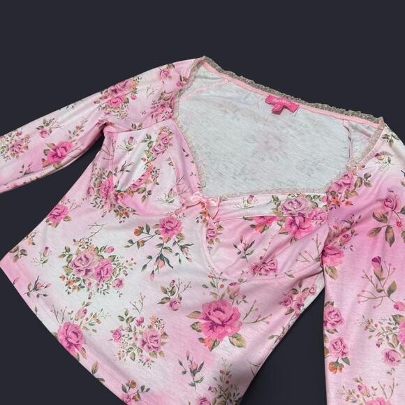 Dolls Kill Sugar Thrillz Pink & White Romantic Floral Sweetheart Coquette Top S - Picture 6 of 7